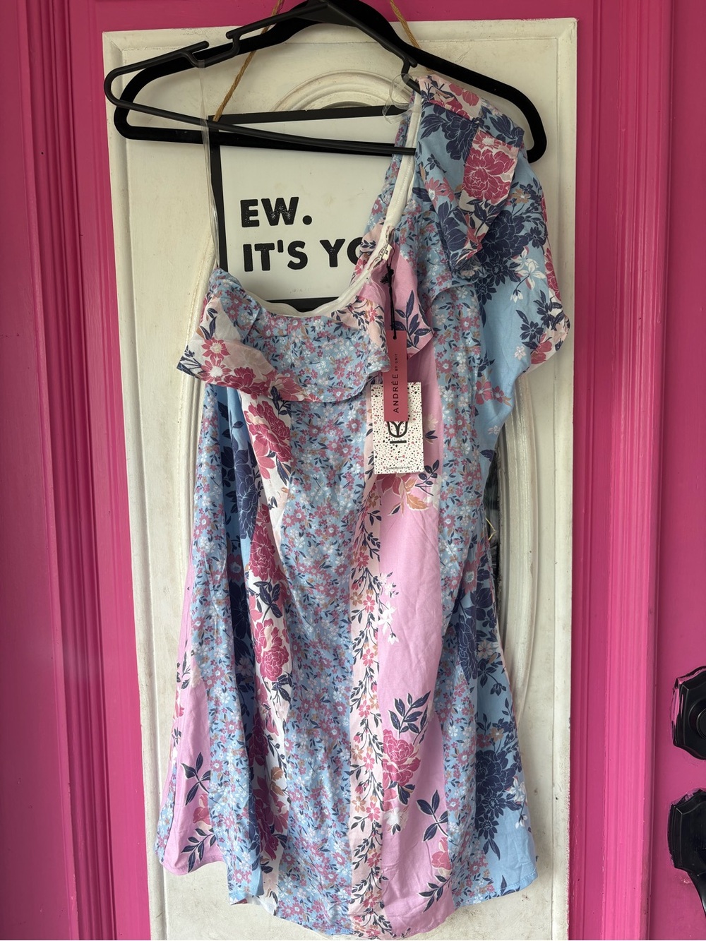 ANDREE BY UNIT One-Shoulder Floral Dress in Pink & Light Blue